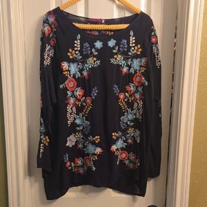 Johnny Was Navy Floral Embroidered Blouse